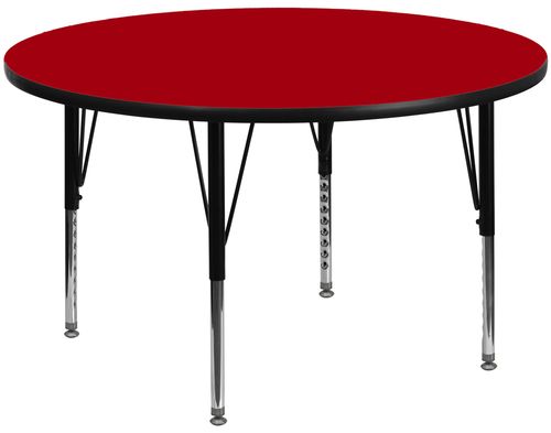 48'' Round Activity Table, Red Thermal Fused Laminate Top & Height Adjustable Pre-School Legs - XU-A48-RND-RED-T-P-GG