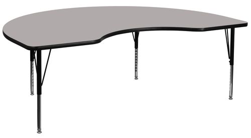 48''W x 72''L Kidney Shaped Activity Table, 1.25'' Thick High Pressure Grey Laminate Top & Height Adjustable Pre-School Legs - XU-A4872-KIDNY-GY-H-P-GG
