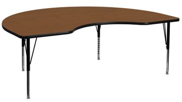 48''W x 72''L Kidney Shaped Activity Table, 1.25'' Thick High Pressure Oak Laminate Top & Height Adjustable Pre-School Legs - XU-A4872-KIDNY-OAK-H-P-GG