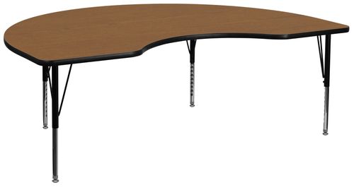 48''W x 72''L Kidney Shaped Activity Table, Oak Thermal Fused Laminate Top & Height Adjustable Pre-School Legs - XU-A4872-KIDNY-OAK-T-P-GG