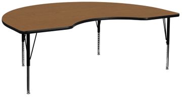 48''W x 72''L Kidney Shaped Activity Table, Oak Thermal Fused Laminate Top & Height Adjustable Pre-School Legs - XU-A4872-KIDNY-OAK-T-P-GG