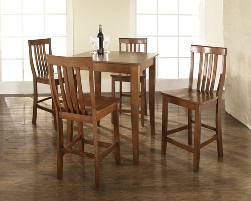 5-Piece Pub Dining Set with Cabriole Leg and School House Stools in Classic Cherry Finish - Crosley Furniture - KD520003CH