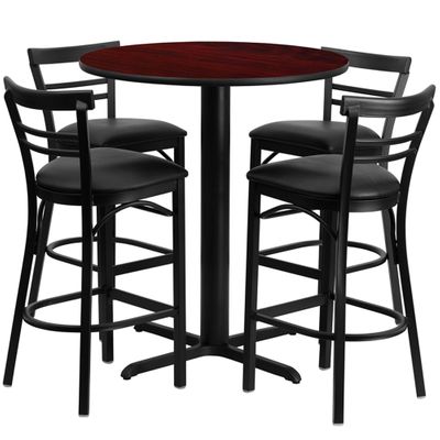 5PC 24'' Round Mahogany Table and  4 Metal Bar Stools Set - Black Vinyl Seat - HDBF1034-GG