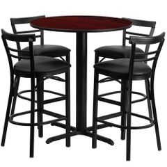 5PC 24'' Round Mahogany Table and  4 Metal Bar Stools Set - Black Vinyl Seat - HDBF1034-GG