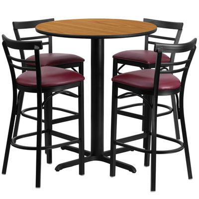5PC 24'' Round Natural Table Set with 4 Metal Bar Stools - Burgundy Vinyl Seat - HDBF1039-GG