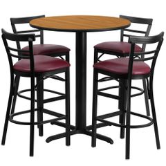 5PC 24'' Round Natural Table Set with 4 Metal Bar Stools - Burgundy Vinyl Seat - HDBF1039-GG
