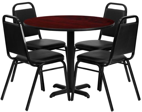 5PC 36'' Round Mahogany Table and 4 Trapezoidal Back Banquet Chairs - HDBF1002-GG