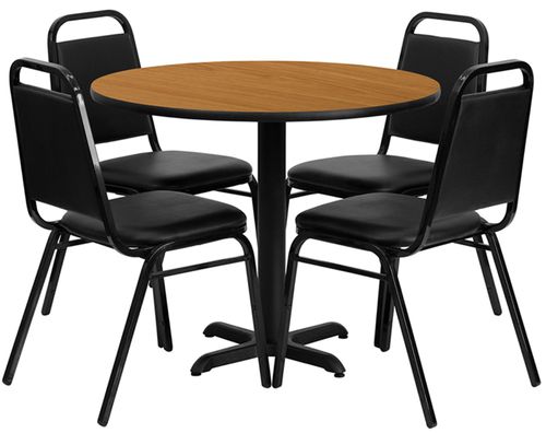 5PC 36'' Round Natural Table and 4 Trapezoidal Back Banquet Chairs - HDBF1003-GG
