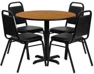 5PC 36'' Round Natural Table and 4 Trapezoidal Back Banquet Chairs - HDBF1003-GG