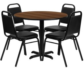 5PC 36'' Round Walnut Table and 4 Trapezoidal Back Banquet Chairs - HDBF1004-GG