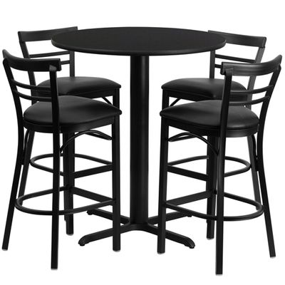 5PC Table Set with 24'' Round Black Table and 4 Ladder Back Metal Bar Stools - HDBF1033-GG
