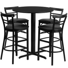 5PC Table Set with 24'' Round Black Table and 4 Ladder Back Metal Bar Stools - HDBF1033-GG