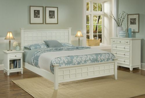 Arts and Crafts Queen Size Bed, Night Stand, and Drawer Chest in White - Home Styles - 5182-5018
