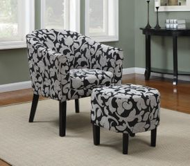 Barrel Back Accent Chair and Ottoman Set with White and Gray Floral Print - 902062
