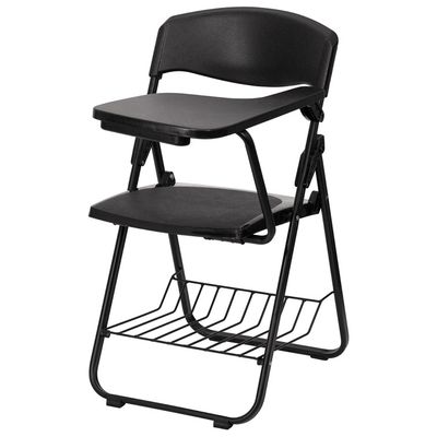 Black Plastic Chair with Left Handed Tablet Arm and Book Basket - RUT-L03-TAB-LFT-GG