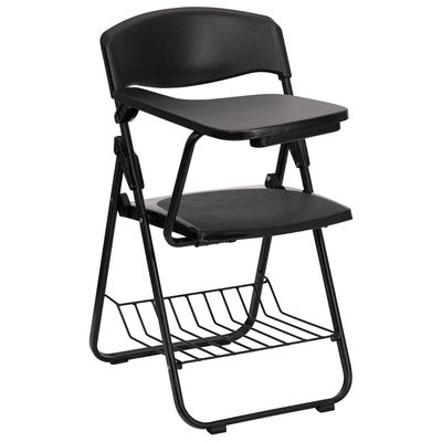 Black Plastic Chair with Right Handed Tablet Arm and Book Basket - RUT-L03-TAB-RT-GG