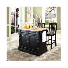 Butcher Block Top Kitchen Island in Black with 24" School House Stools - CROSLEY-KF300062BK