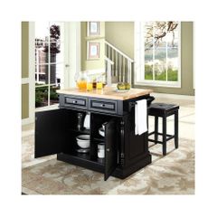 Butcher Block Top Kitchen Island in Black with 24" Square Seat Stools - CROSLEY-KF300065BK