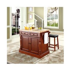 Butcher Block Top Kitchen Island in Cherry with 24" Saddle Stools - CROSLEY-KF300064CH