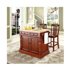 Butcher Block Top Kitchen Island in Cherry with 24" School House Stools - CROSLEY-KF300062CH