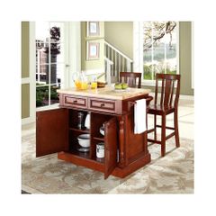 Butcher Block Top Kitchen Island in Cherry with 24" Shield Back Stools - CROSLEY-KF300061CH