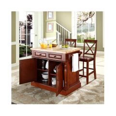 Butcher Block Top Kitchen Island in Cherry with 24" X-Back Stools - CROSLEY-KF300063CH
