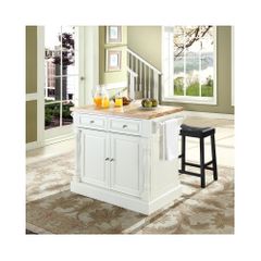 Butcher Block Top Kitchen Island in White with 24" Black Saddle Stools - CROSLEY-KF300064WH