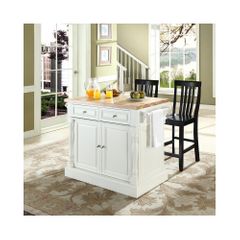 Butcher Block Top Kitchen Island in White with 24" Black School House Stools - CROSLEY-KF300062WH