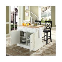 Butcher Block Top Kitchen Island in White with 24" Black X-Back Stools - CROSLEY-KF300063WH