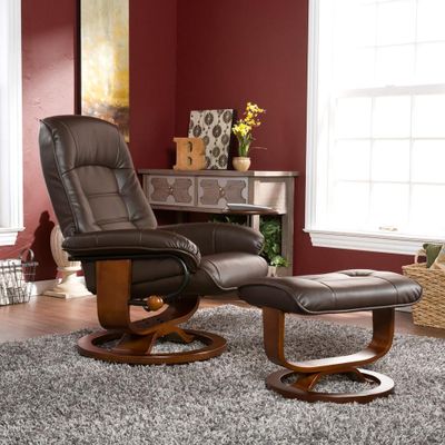 Cafe Brown Leather Recliner and Ottoman - Holly and Martin
