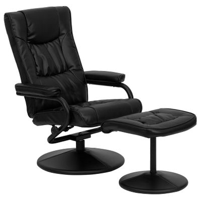 Contemporary Black Leather Recliner and Ottoman with Leather Wrapped Base - BT-7862-BK-GG