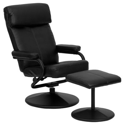 Contemporary Black Leather Recliner and Ottoman with Leather Wrapped Base - BT-7863-BK-GG