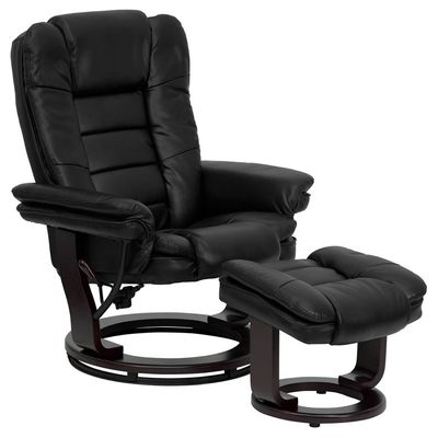 Contemporary Black Leather Recliner and Ottoman with Swiveling Mahogany Wood Base - BT-7818-BK-GG