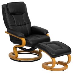 Contemporary Black Leather Recliner and Ottoman with Swiveling Maple Wood Base - BT-7615-BK-CURV-GG