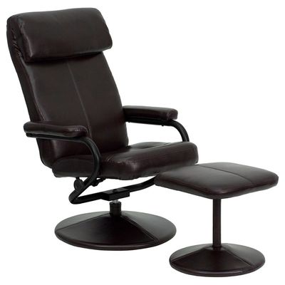 Contemporary Brown Leather Recliner and Ottoman with Leather Wrapped Base - BT-7863-BN-GG