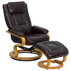 Contemporary Brown Leather Recliner and Ottoman with Swiveling Maple Wood Base - BT-7615-BN-CURV-GG