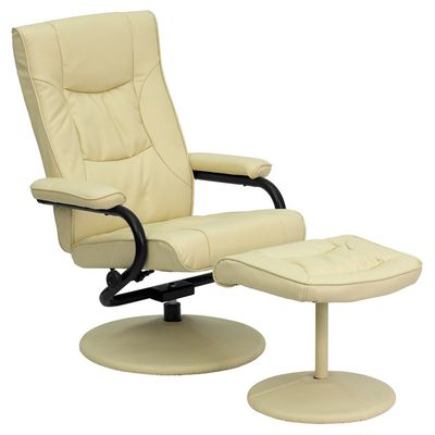 Contemporary Cream Leather Recliner and Ottoman with Leather Wrapped Base - BT-7862-CREAM-GG