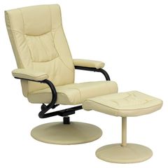 Contemporary Cream Leather Recliner and Ottoman with Leather Wrapped Base - BT-7862-CREAM-GG