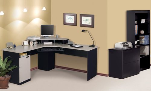 Corner Work Station, Lateral File and Bookcase Set in Sand Granite and Charcoal - Hampton - Bestar Office Furniture - HAMP-SET-2