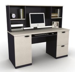 Credenza and Hutch in Sand Granite and Charcoal - Hampton - Bestar Office Furniture - 69450-86
