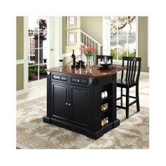 Drop Leaf Breakfast Bar Top Kitchen Island in Black with 24" School House Stools - CROSLEY-KF300072BK
