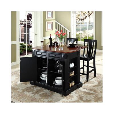 Drop Leaf Breakfast Bar Top Kitchen Island in Black with 24