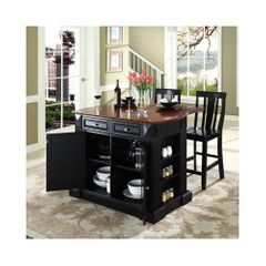 Drop Leaf Breakfast Bar Top Kitchen Island in Black with 24" Shield Back Stools - CROSLEY-KF300071BK