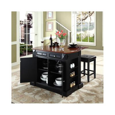Drop Leaf Breakfast Bar Top Kitchen Island in Black with 24