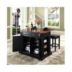 Drop Leaf Breakfast Bar Top Kitchen Island in Black with 24" Square Seat Stools - CROSLEY-KF300075BK