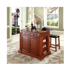 Drop Leaf Breakfast Bar Top Kitchen Island in Cherry with 24" Saddle Stools - CROSLEY-KF300074CH