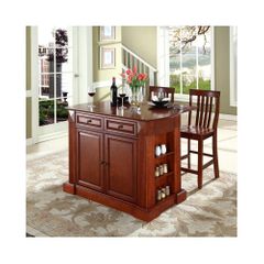 Drop Leaf Breakfast Bar Top Kitchen Island in Cherry with 24" School House Stools - CROSLEY-KF300072CH