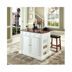 Drop Leaf Breakfast Bar Top Kitchen Island in White with 24" Cherry Saddle Stools - CROSLEY-KF300074WH
