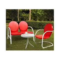 Griffith 3 Piece Metal Outdoor Conversation Set - Red Loveseat and Chair with White Side Table - CROSLEY-KO10003RE