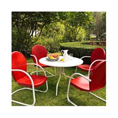 Griffith Metal 40" Five Piece Outdoor Dining Set - White Dining Table with Red Chairs - CROSLEY-KOD1003WH